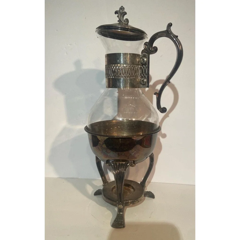 Vintage Silver Plate and Glass Coffee Tea Carafe Warming Stand